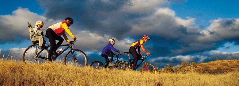 dad on bike with baby seat mountain biking over a golden hillside with two other people and a beautiful blue puffy-clouded sky behind them